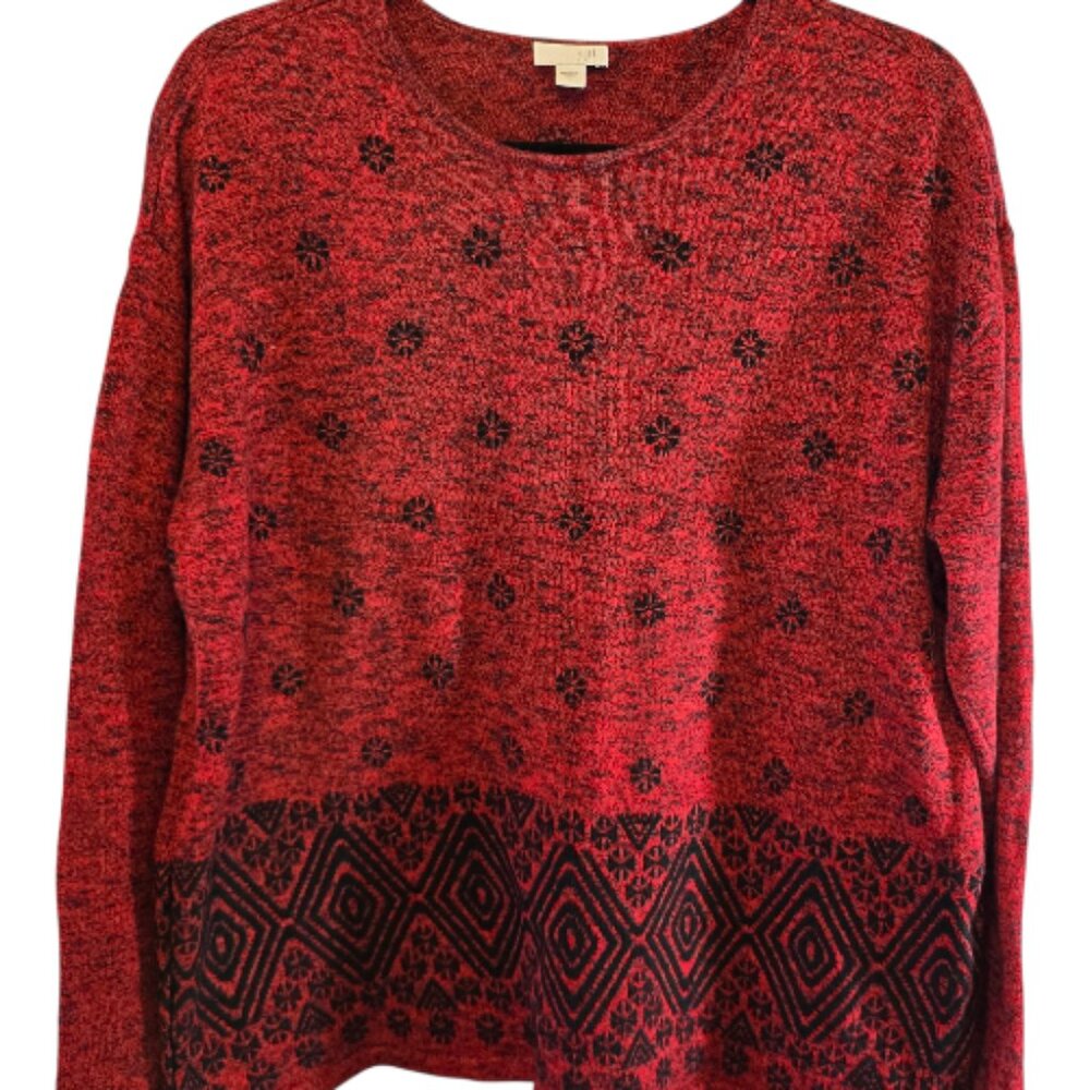J JILL RELAXED RED BLACK PULLOVER SWEATER JACQUARD BORDER SIZE LARGE SOFT COTTON